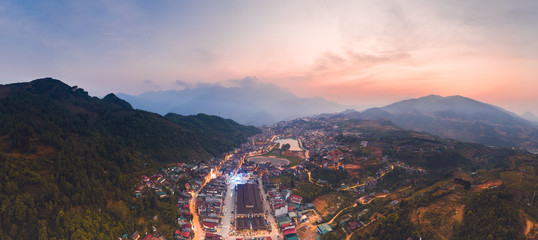 Aerial view of panorama landscape at the hill town in Sapa city, Vietnam with the sunny light and...