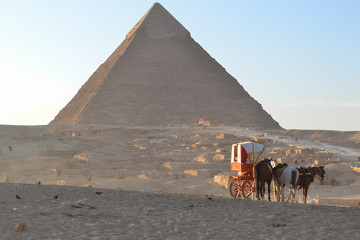 The Great pyramids of Egypt in Giza, Cairo, on sunset