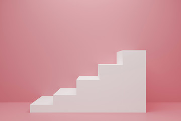 Ascending white stairs of rising staircase going upward in pink empty room, growth and successful concept. 3d rendering