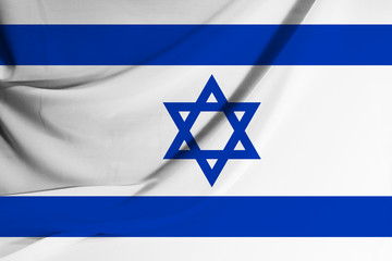 The national flag of Israel on fabric texture background. Flag image for design on flyers, advertising.