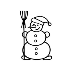 Snowman in a Santa Claus hat  with broom. Doodle vector illustration. Element for greeting cards, posters, stickers and seasonal design. 