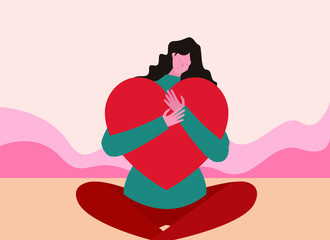World Heart Day vector concept: woman hugging the heart shaped pillow