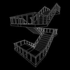 Wireframe stairs, interior staircases steps with railing. Wireframe low poly mesh vector illustration.