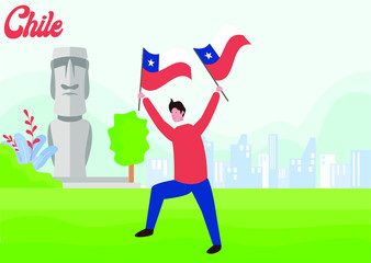 Chile Independence Day vector concept: man waving Chile national flag cheerfully near the Moai statue