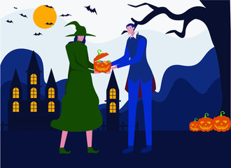 Trick and treat vector concept: witch giving a pumpkin full of sweets to the vampire