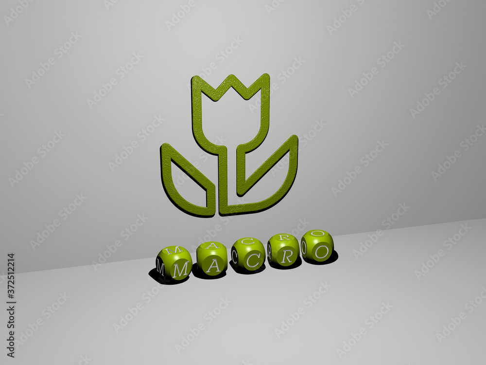 Poster 3d graphical image of macro vertically along with text built by metallic cubic letters from the top 