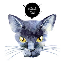 Watercolor black cat illustration. Vector painted isolated Halloween element on white background