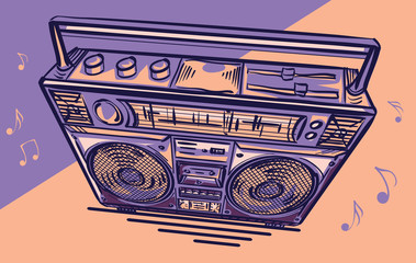 Funky colorful drawn boom box tape recorder