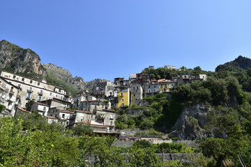 Fototapeta na wymiar Panoramic view of Orsomarso, a rural village in the mountains of the Calabria region. 