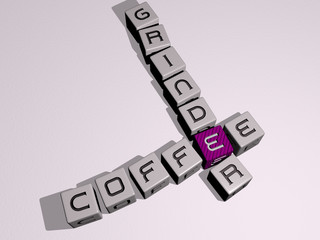 COFFEE GRINDER crossword by cubic dice letters, 3D illustration for background and cup