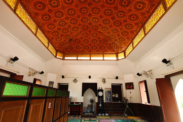 PATTANI, THAILAND -JULY 10, 2014: Historic Kru Se mosque which is made of bricks with round pillars. The mosque represents a unique Islamic civilization of the Kingdom of Pattani in Thailand.