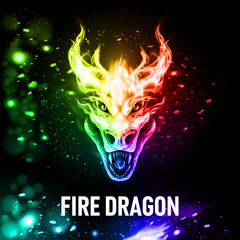 Fire Dragon Head in Colored Flame on the Dark Background. Head of Dragon with Open Jaws. Image for Print on Clothing, Stickers. Illustration for Wrapping Drift Car Hood