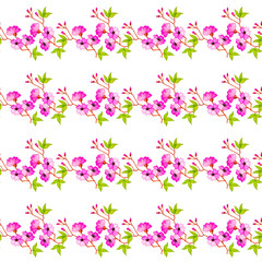 Fototapeta na wymiar Seamless watercolor pattern of branches of apple, sakura with leaves and flowers.