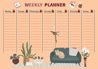 Weekly Planner in Scandinavian style. Timetable for week for home, office. Organize note for daily chore. Template page for school classes and business. Format a4, Printable.