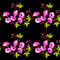 Seamless watercolor pattern of branches of apple, sakura with leaves and flowers.