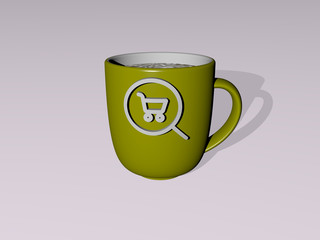 3D illustration of SEARCH icon embossed on a coffee cup over a white background having shadows for concept and business