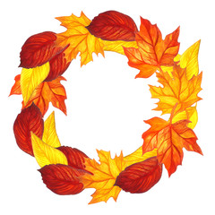 Autumn leaves frame - template for text, banner, card, invitation in autumn style. Bright colorful leaves on white background. Watercolor illustration.