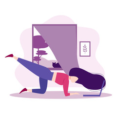 Online workout. Stay at home concept. Plump girl doing leg swing exercise by sports video in the laptop. Fitness in front of window in the room or apartment. Healthy lifestyle. Vector illustration