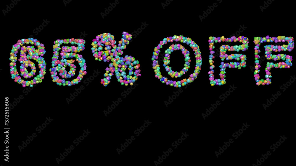 Poster % off written in 3d illustration by colorful small objects casting shadow on a black background