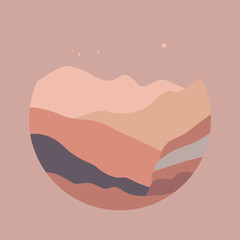 Vector illustration landscape mountain, river view. Hills, clouds, sun, moon. Paper cut style. Nature background.