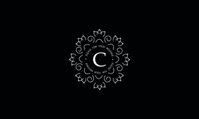 Elegant round monogram template with letter C. Creative white logo on black background. Vector illustration of business, cafe, office, restaurant, heraldry.