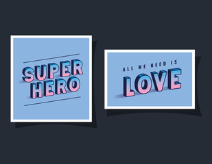 3d super hero and love lettering on blue backgrounds design, typography retro and comic theme Vector illustration © Grgroup