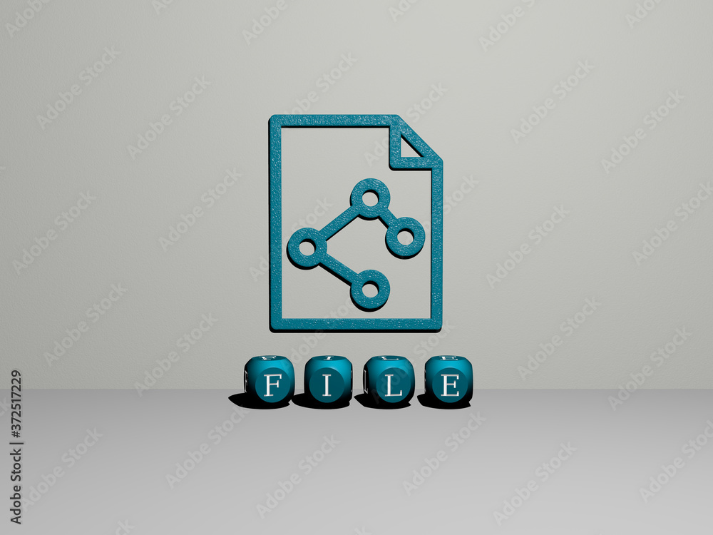 Poster 3d illustration of file graphics and text made by metallic dice letters for the related meanings of 