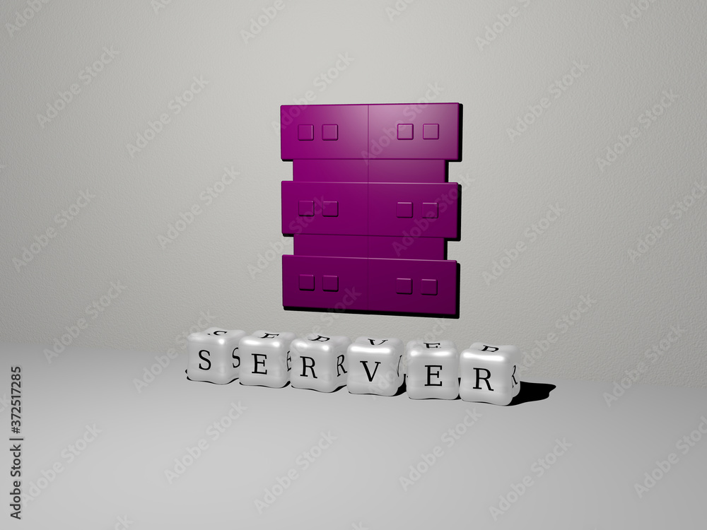 Poster server 3d icon on the wall and cubic letters on the floor, 3d illustration for data and computer