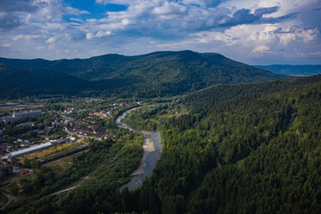 Skole Beskids National Nature Park. View from drone on Opir river