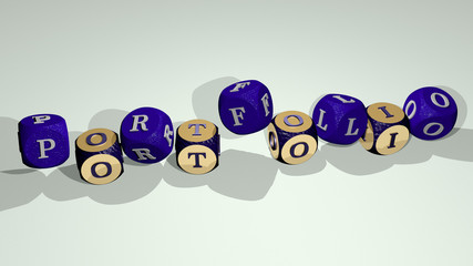 portfolio text by dancing dice letters, 3D illustration for design and background
