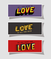 3d love lettering set on gray purple and red backgrounds design, typography retro and comic theme Vector illustration © Grgroup