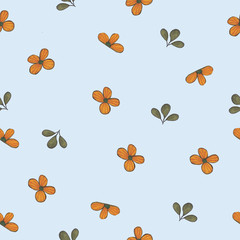 seamless pattern with autumn leaves and flowers in vintage style for fabrics, paper, textile, gift wrap isolated on blue background 