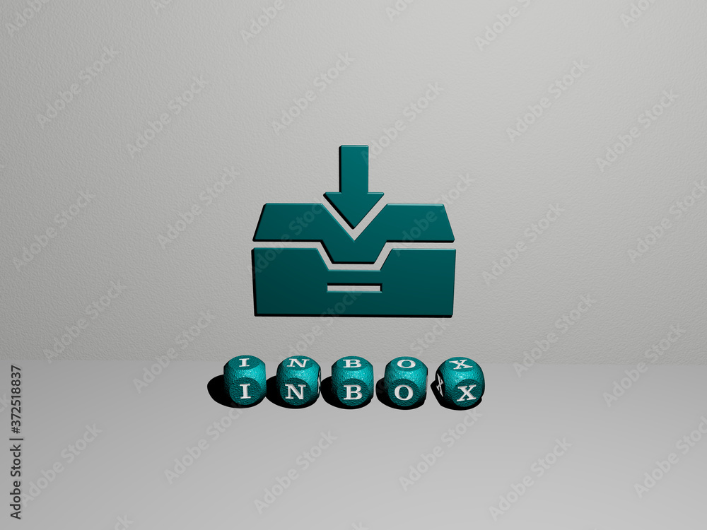 Poster inbox 3d icon on the wall and text of cubic alphabets on the floor, 3d illustration for email and ma