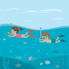 Obraz na płótnie Canvas Cartoon children in swimsuits. Kids snorkeling in ocean. Underwater world with plants and fish