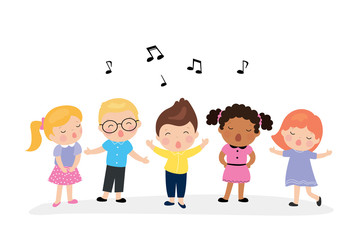 Five various cute kids sing a song. Cartoon Children's music group.