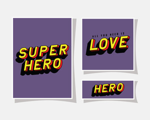 3d super hero and love lettering on purple backgrounds design, typography retro and comic theme Vector illustration © Grgroup