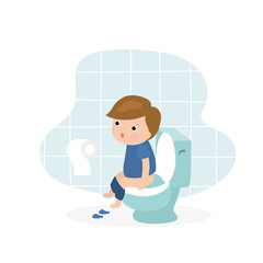 Cartoon little boy sitting on the toilet. Kid character isolated on white background.