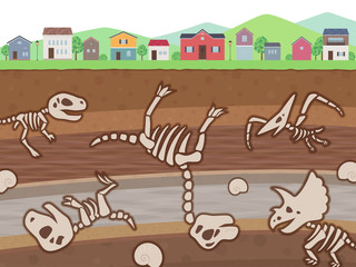 かわいい恐竜の化石が埋まった地層と街並みのイラスト © ふわぷか