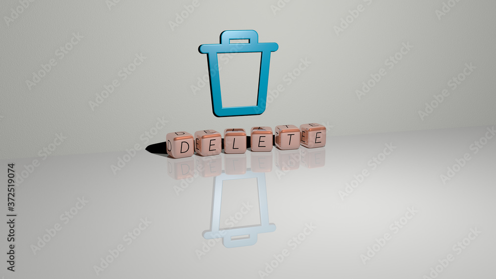 Poster delete text of cubic dice letters on the floor and 3d icon on the wall, 3d illustration for button a