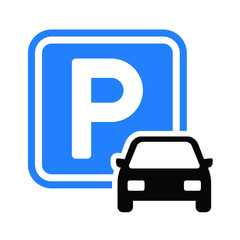 Car parking space zone icon. Parking lot. Car park. Flat vector vehicle area sign. Blue info, information board, road sign. P pictogram.