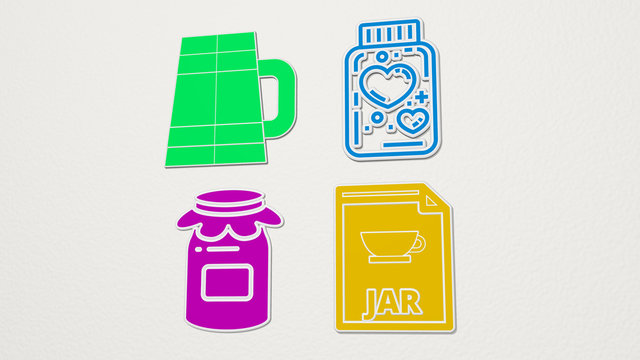 jar colorful set of icons, 3D illustration for background and glass
