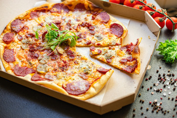 pizza cheese sausage salami assorted meat serving portion size natural top view place copy space for text