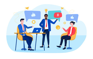 Vector illustration concept of business discussion in social networks. Business people communicating together in internet, messengers and social networks