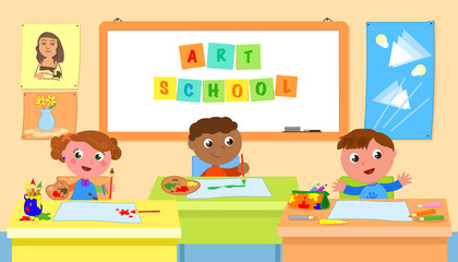 Art school classroom and schoolkids vector illustration
