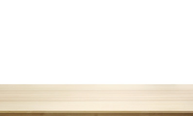 Empty light wooden table top isolated on white background for montage product display