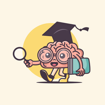cute brain illustration of walking holding book and magnifying glass