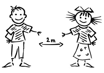 Two little kids, keep safe distance two meters, funny vector illustration