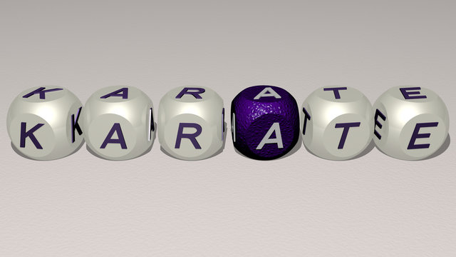 KARATE text by cubic dice letters, 3D illustration for arts and belt