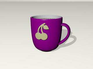 3D illustration of cherry icon embossed on a coffee cup over a white background having shadows for blossom and beautiful