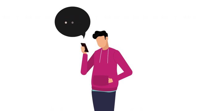 Man with smartphone and speech bubbles is typing a message. Animation 4k footage